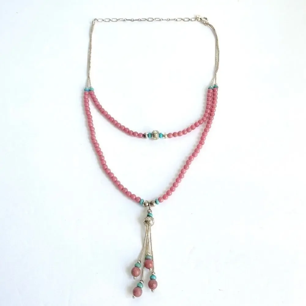 Carolyn Pollack‎ Pink Rhodonite Necklace Liquid Silver Turquoise Lariat QT Quoc